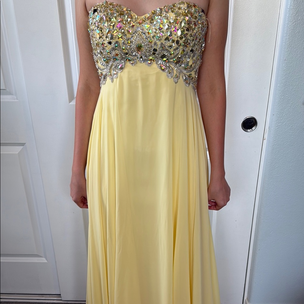 Y2K JVN by Jovani flowing lemon yellow strapless dress with crystal bodice M L
